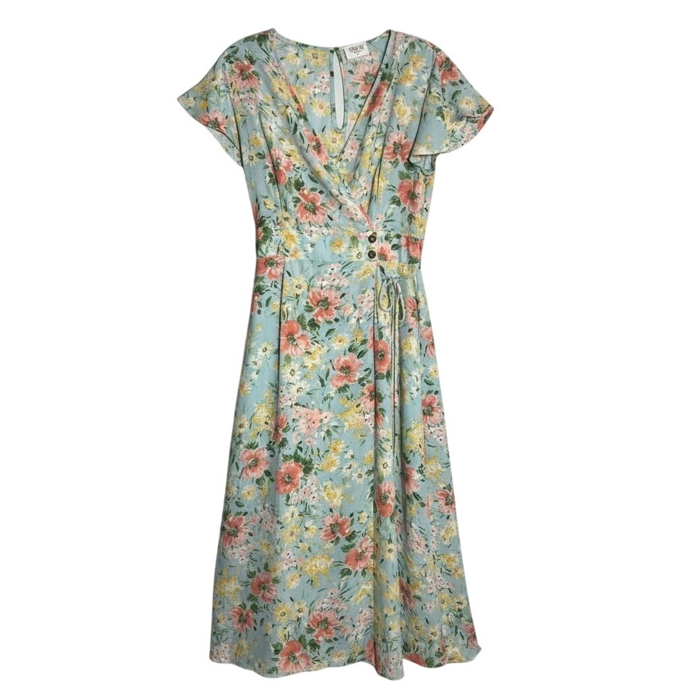 Sienna Sky Women Floral Midi Dress Blue Pink Yellow Wrap Front Smocked Back SZ M